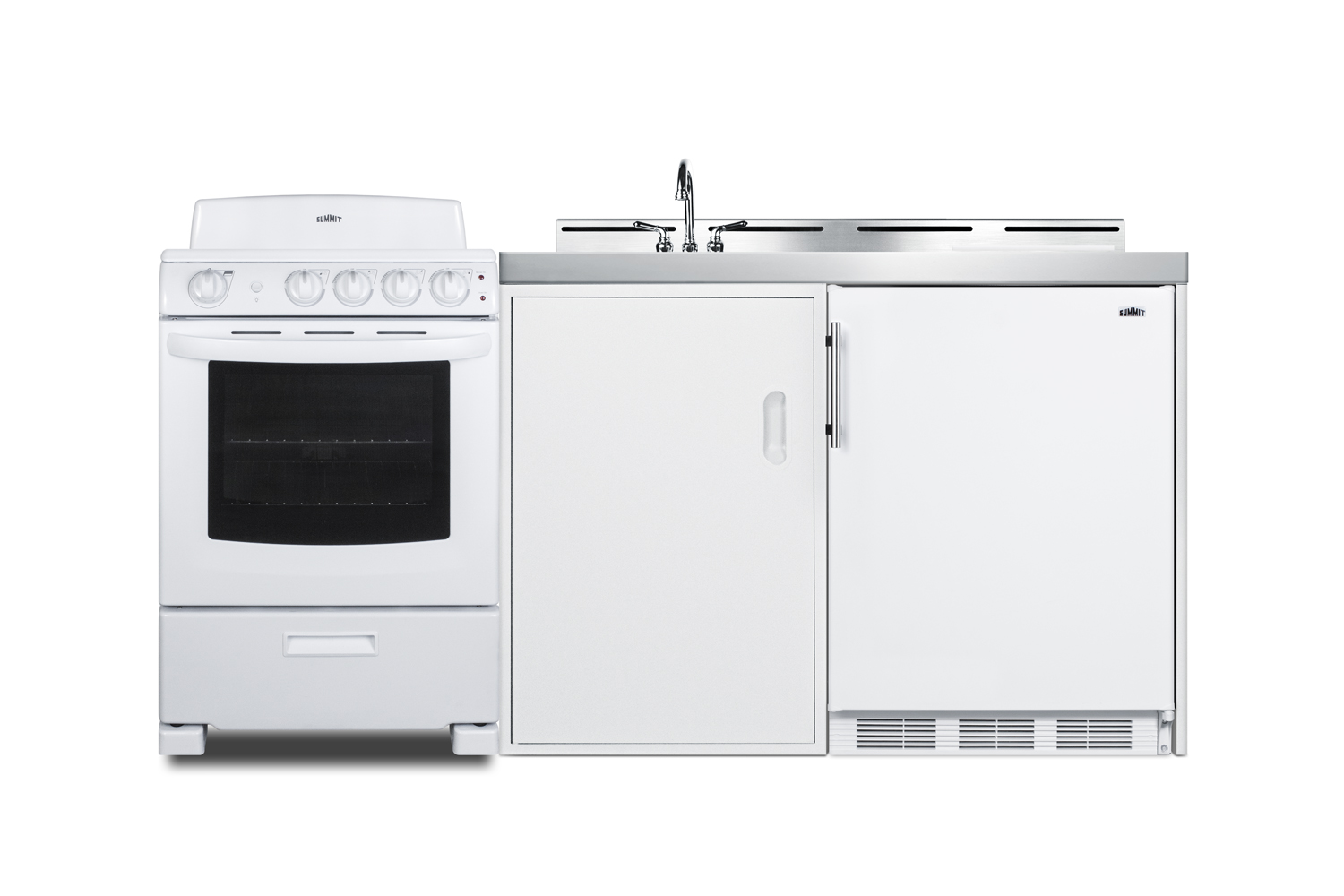72 inch wide all-in-one kitchenette with 220V 4-element electric coil range, refrigerator-freezer, sink, cutting board and cutlery storage, and a storage cabinet
